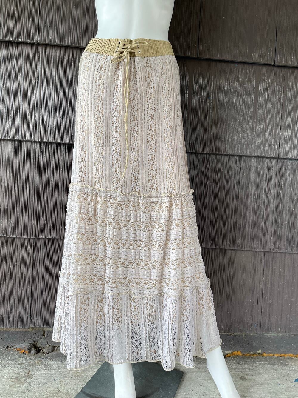🔥Anthropologie Lapis Beige Mesh Lace Tier Maxi Skirt Lace Up Boho Cottage Fairy